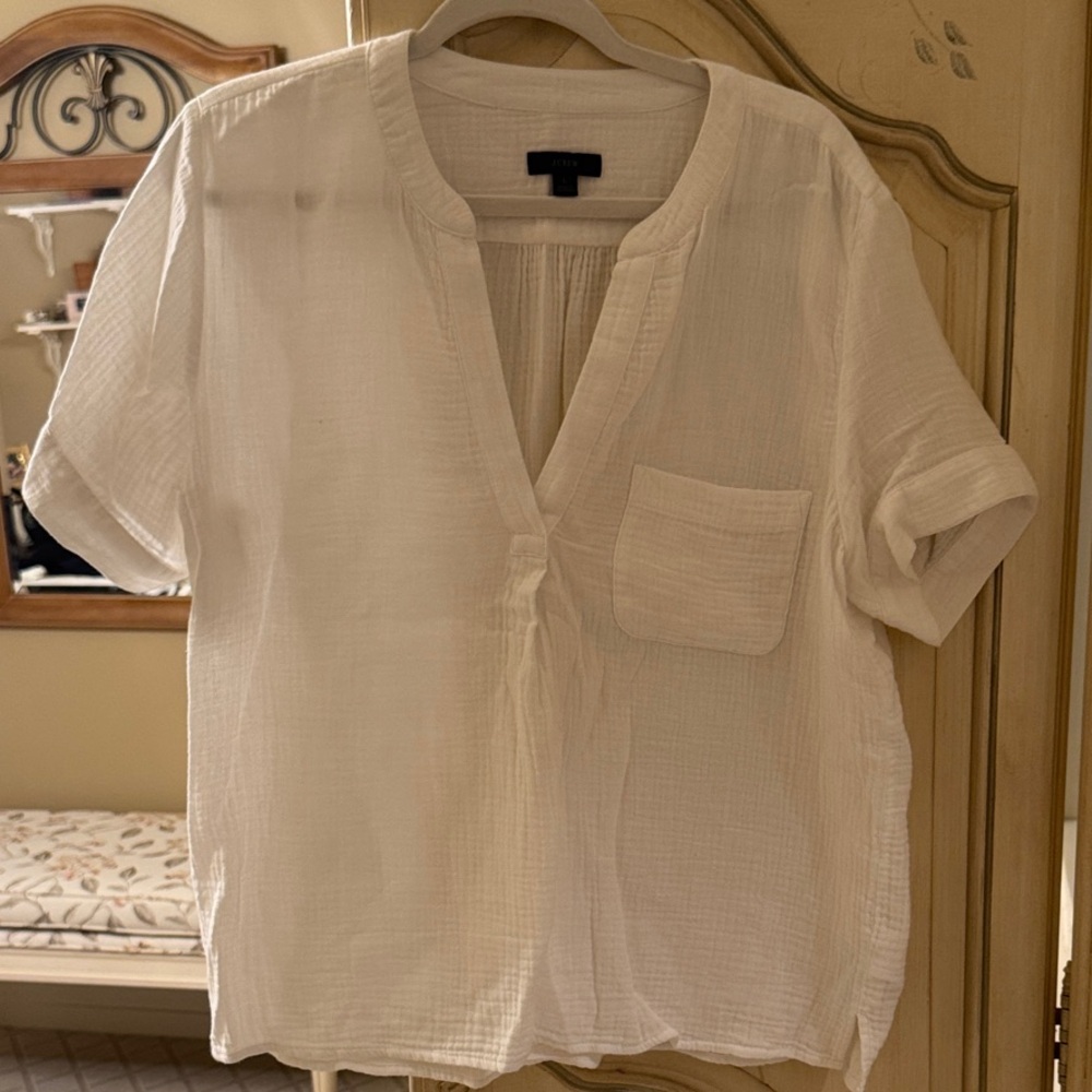 J Crew White Gauze Short Sleeve Blouse